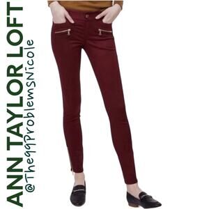 Loft Marisa Burgundy Gold Zipper Skinny Ankle Jeans